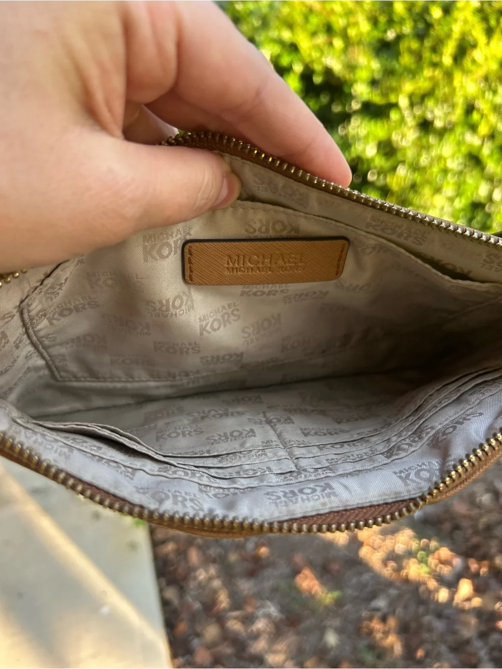 Michael Kors Signature Laser Cut Logo Wristlet Clutch Vanilla Tan